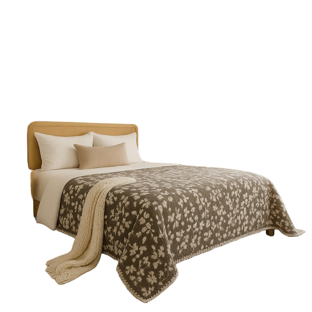 Earth Brown Taupe Floral Quilt Bedspread Dark Taupe Ecru Cream Loom Weave QUEEN